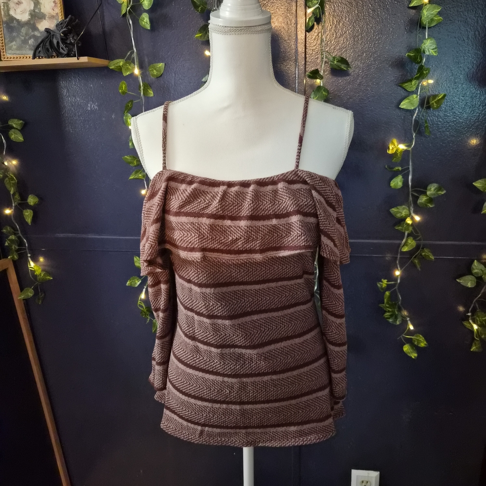Striped Off-Shoulder Brown Knit Top